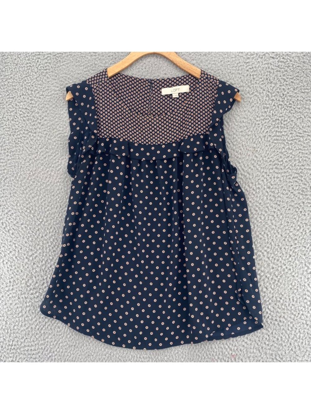 LOFT Top Womens Medium Navy Orange Polka Dot Chiffon Ruffled Cap Sleeves Blouse
